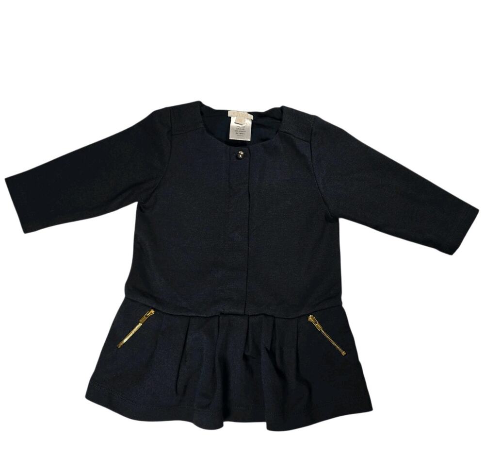 Chloé Baby Girl Navy Jersey Pleated Dress with Gold Zip Pockets/Button - Size 9M